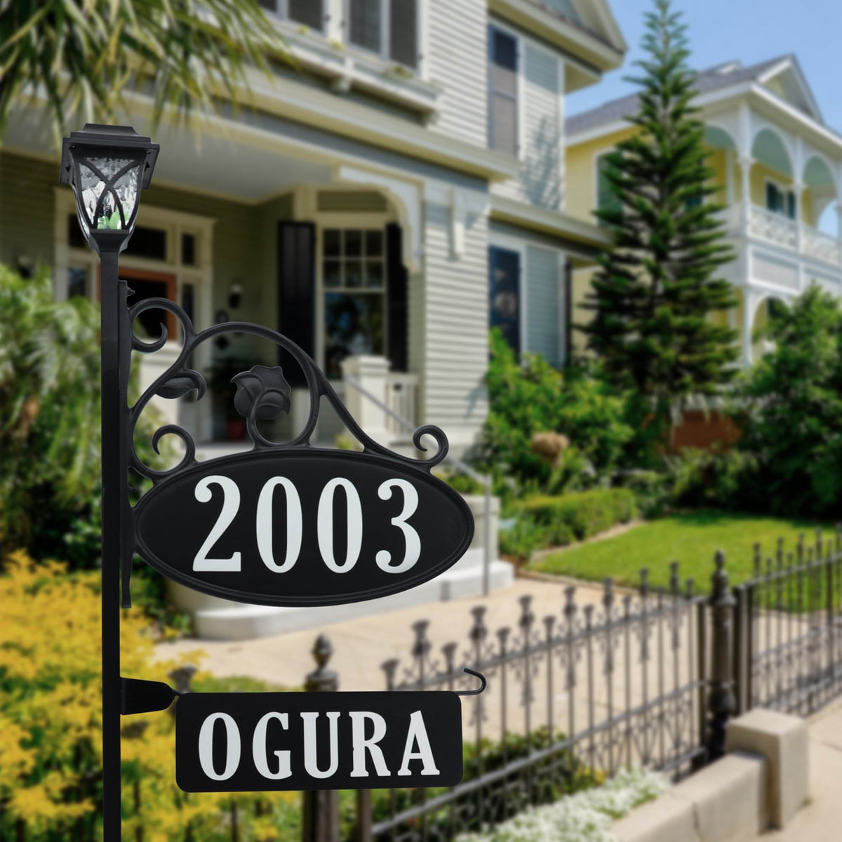 Address America Park Place with Name Rider and Solar Light