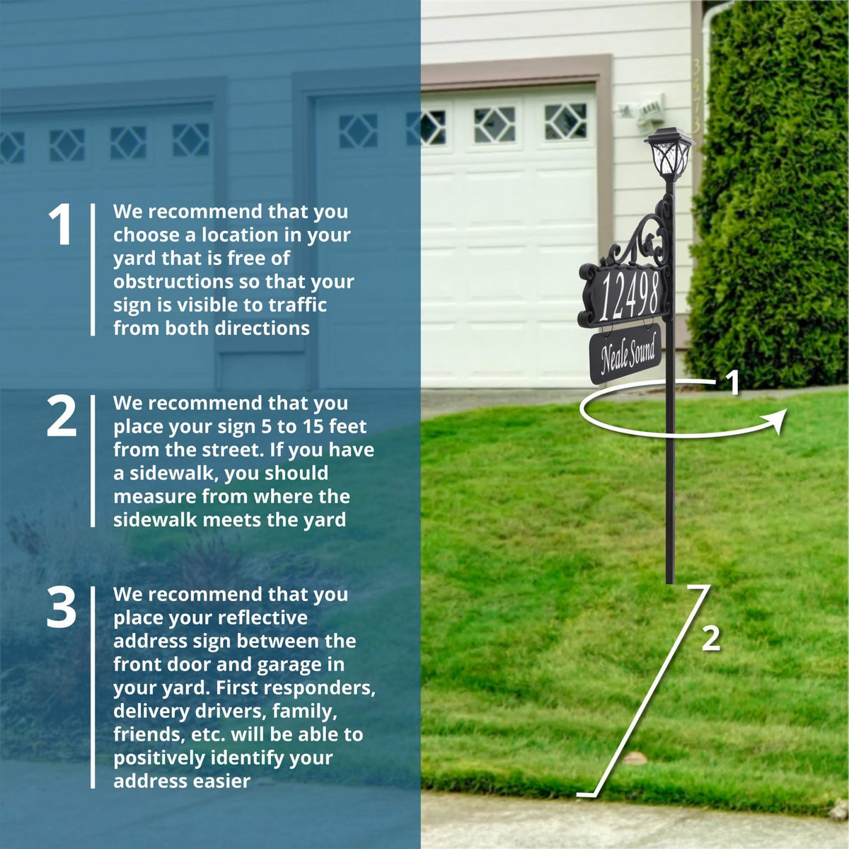 Boardwalk Reflective Address Sign With Name Rider and LED Solar Light