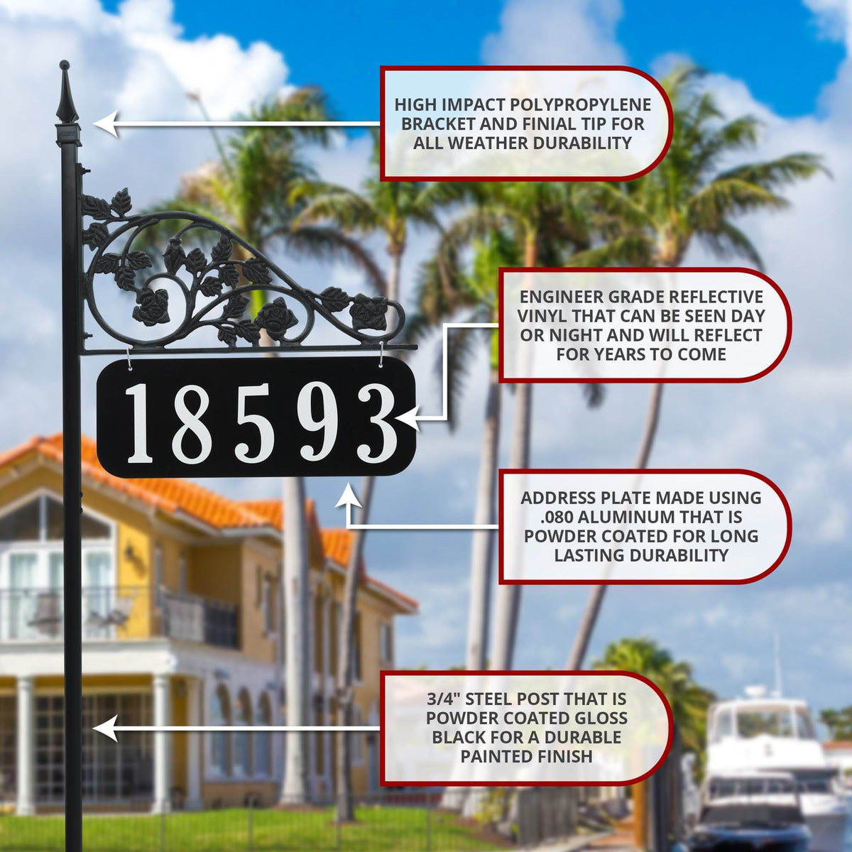 Rose Reflective Address Sign on 47" or 58" Pole