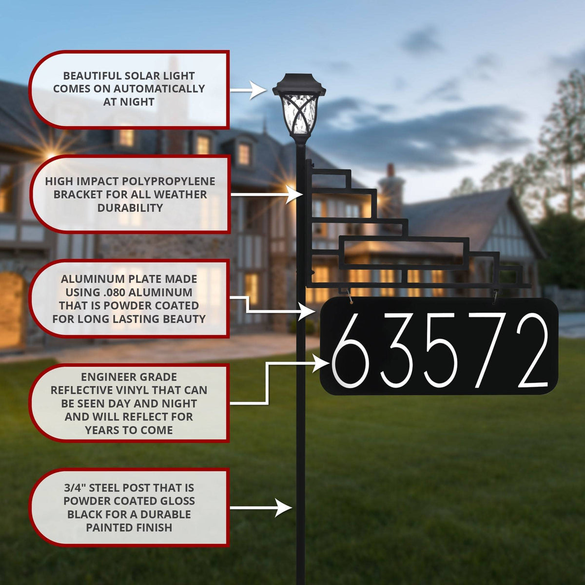Address America XL Contemporary Reflective 911 Yard Address Sign with Decorative Solar Light - 6" Numbers on Both Sides