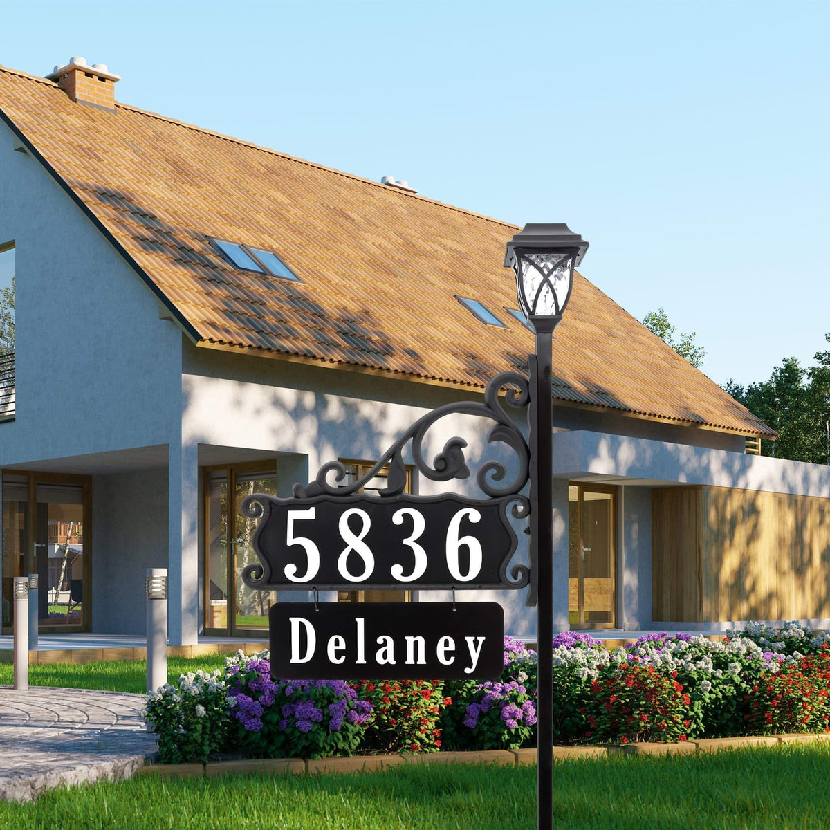 Boardwalk Reflective Address Sign With Name Rider and LED Solar Light