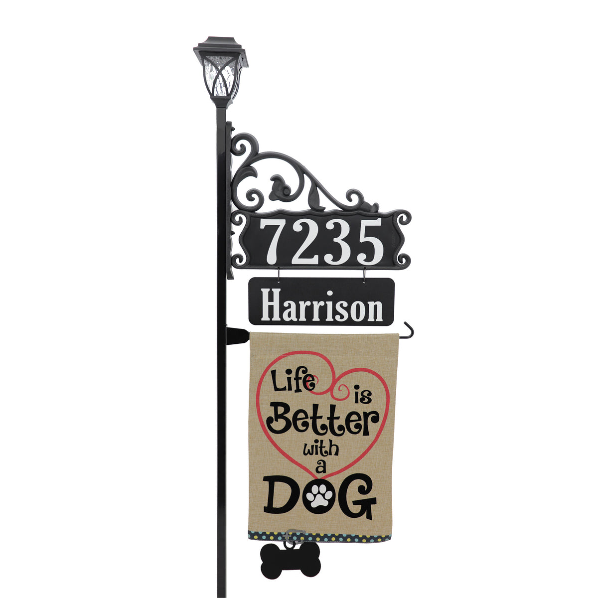 Boardwalk Address Sign with Name Rider, Solar Lamp and Flag Option