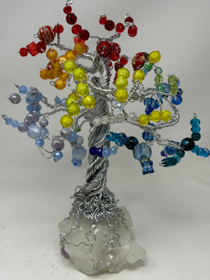 Stunning Handmade Wire Wrap Rainbow Tree Mounted on Genuine Crystal - One Of A Kind Work Of Art