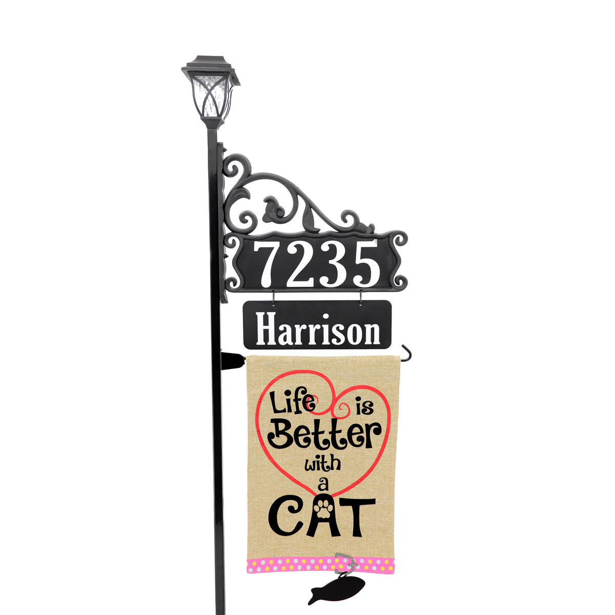 Boardwalk Address Sign with Name Rider, Solar Lamp and Flag Option