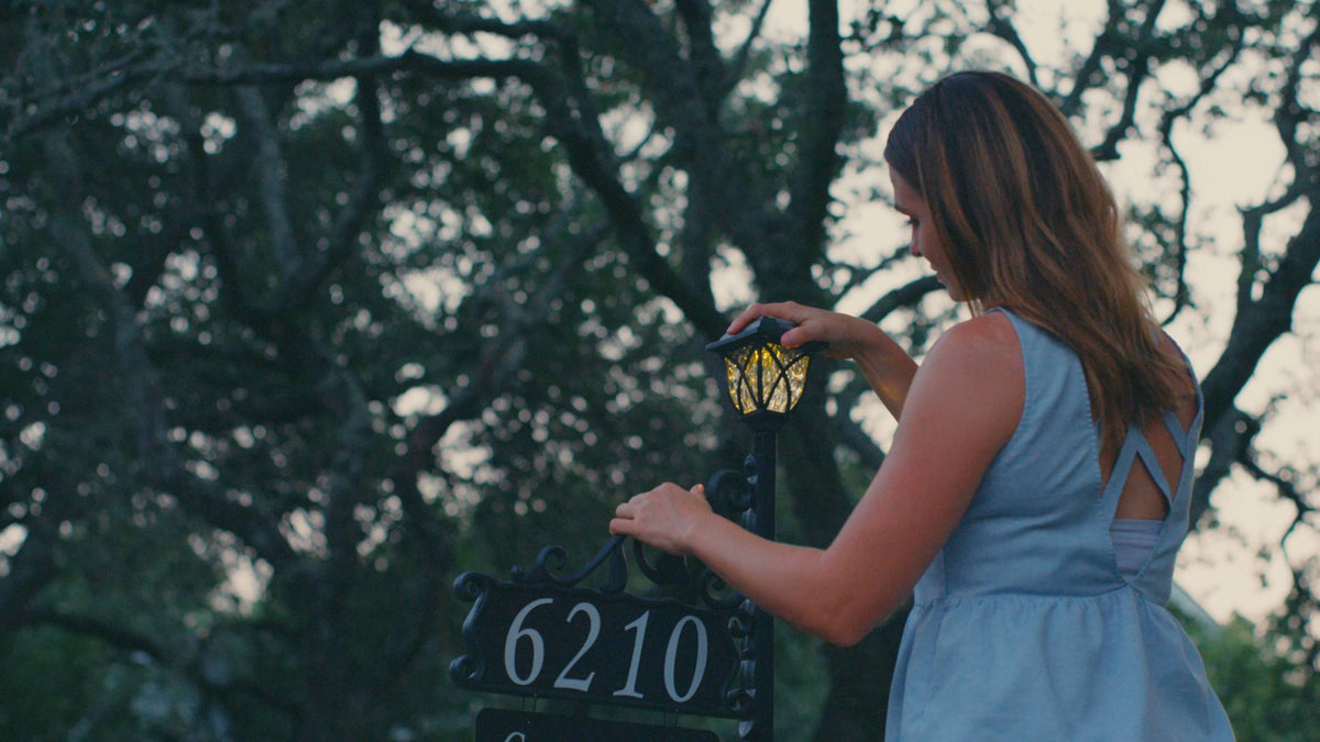 Boardwalk Reflective Address Sign With Name Rider and LED Solar Light