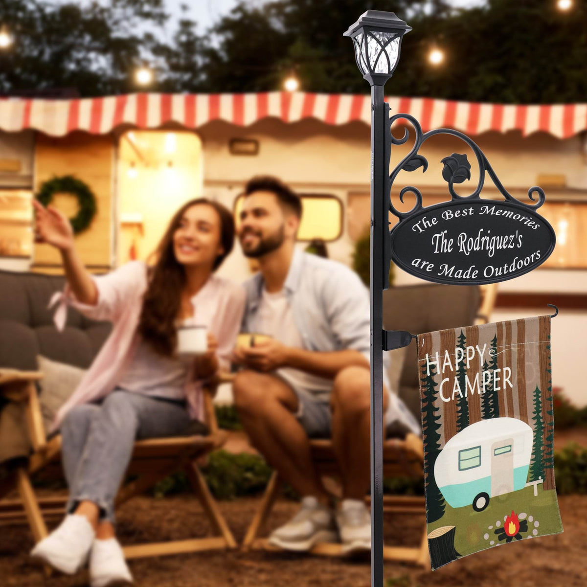 Address America Camping RV Parks Sign Double Sided Reflective Sign with Flag and Solar Light - Great Gift (Happy Camper Flag)